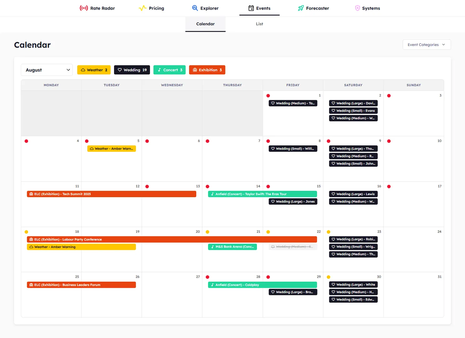 Events calendar showing local concerts, exhibitions, holidays, and hotel events in a monthly view