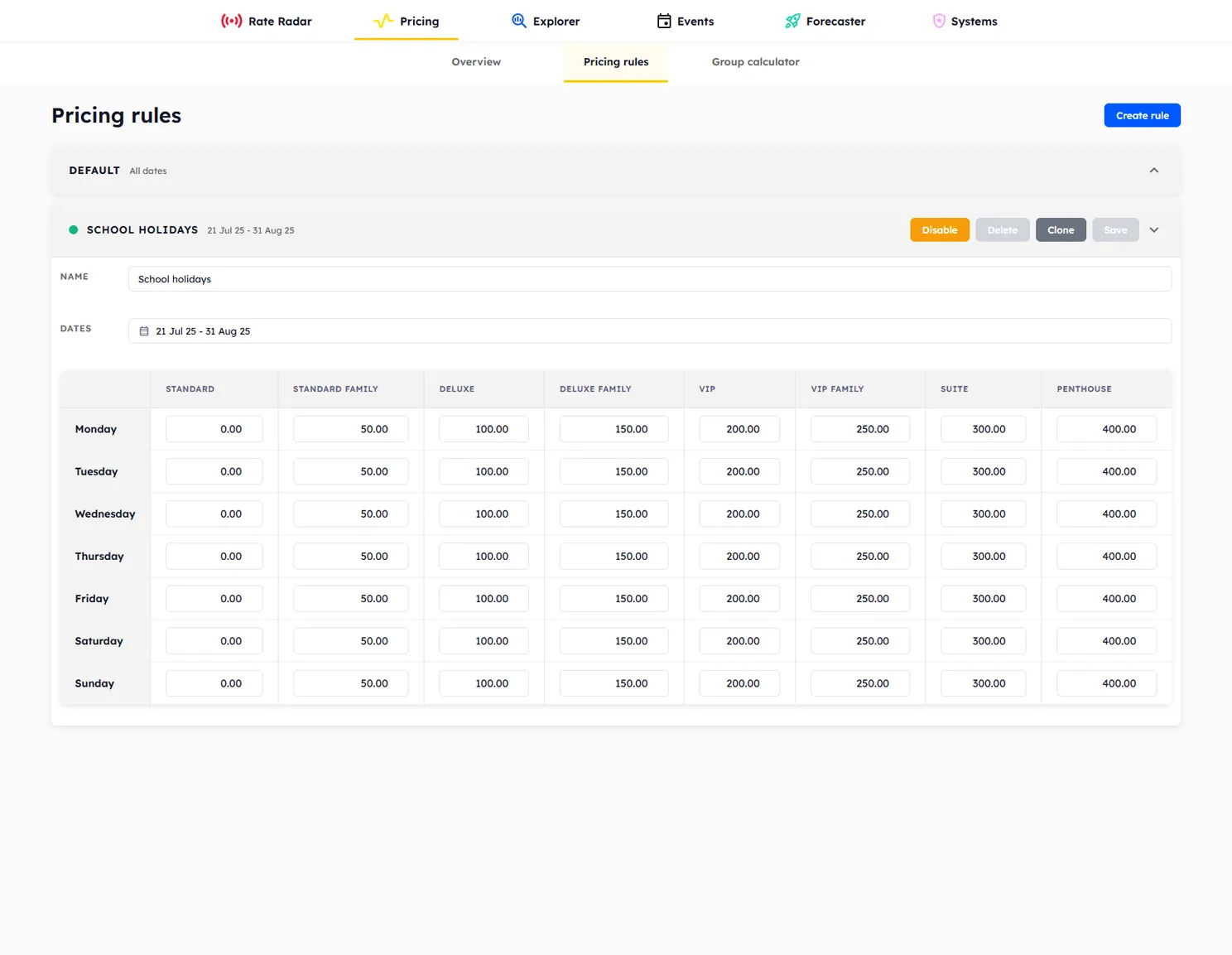 Pricing rules editor with default and custom rules for room type offsets and seasonal adjustments