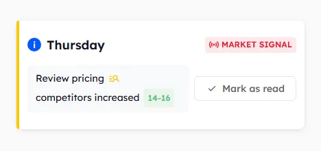 Signal: Review pricing — competitors increased 14-16